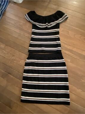 White House Black Market Black & White Striped Off-Shoulder Skirt Set